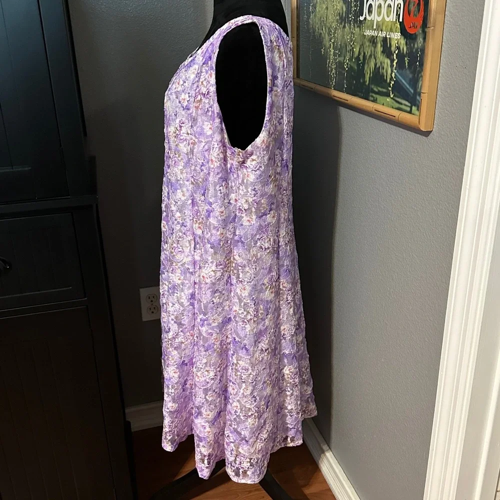 Perceptions XL Purple Floral Lace‎ Dress Sleeveless Fit Flare Lined Cottagecore